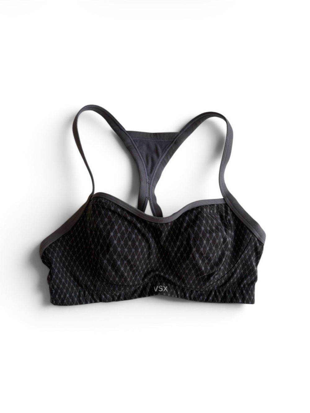 VSX Black & Gray Racerback Sports Bra 34C Lined Cups Diamond Print